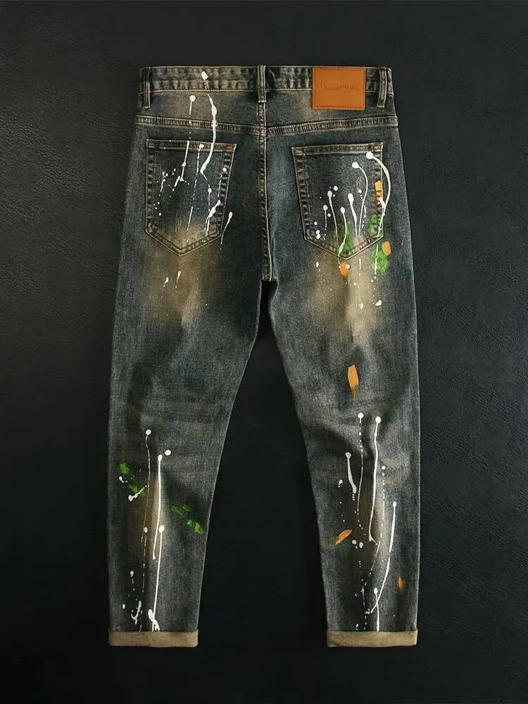 Trendy Brand Splattered Ripped Patch Jean Men Paint Dot Graffiti Make Vintage Washed Pant Slim Fit Small Leg Pant Denim Jean Men