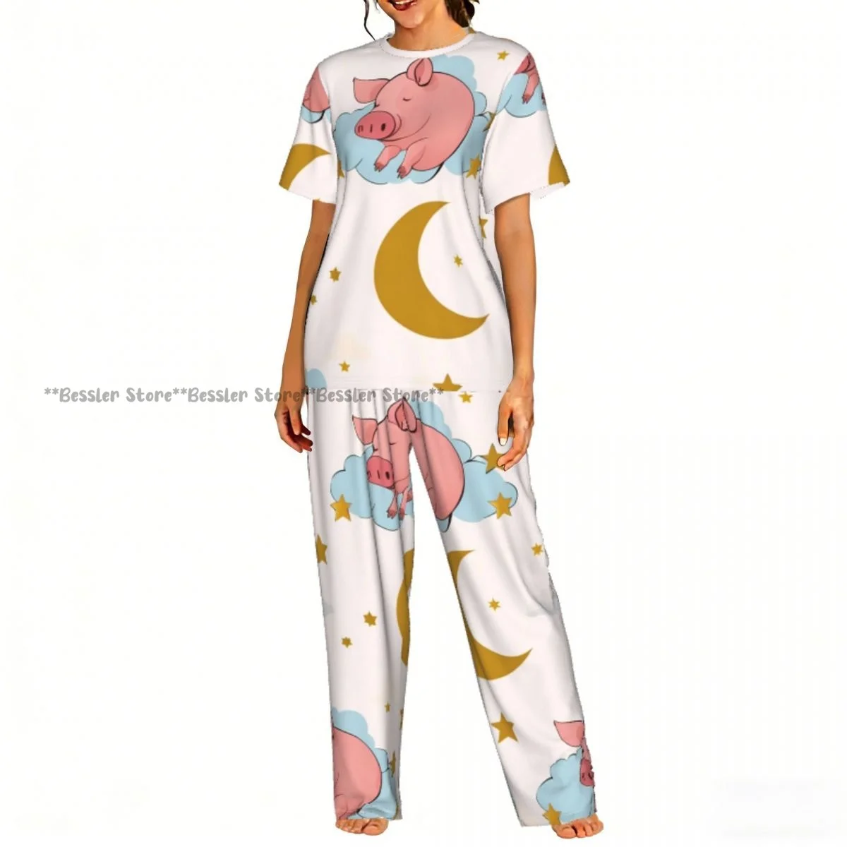 

Women's Pajamas Set Cute Pigs And Moon Short Sleeve Sleepwear 2 Piece Homewear Loungewear