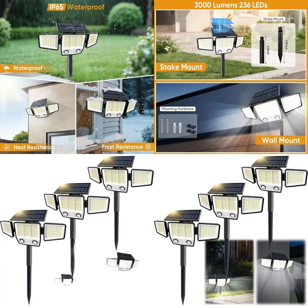 

Outdoor Motion Sensor Security Lights - 3000LM 3-Head Waterproof LED for Yard, Garden, and Patio (with Stakes)