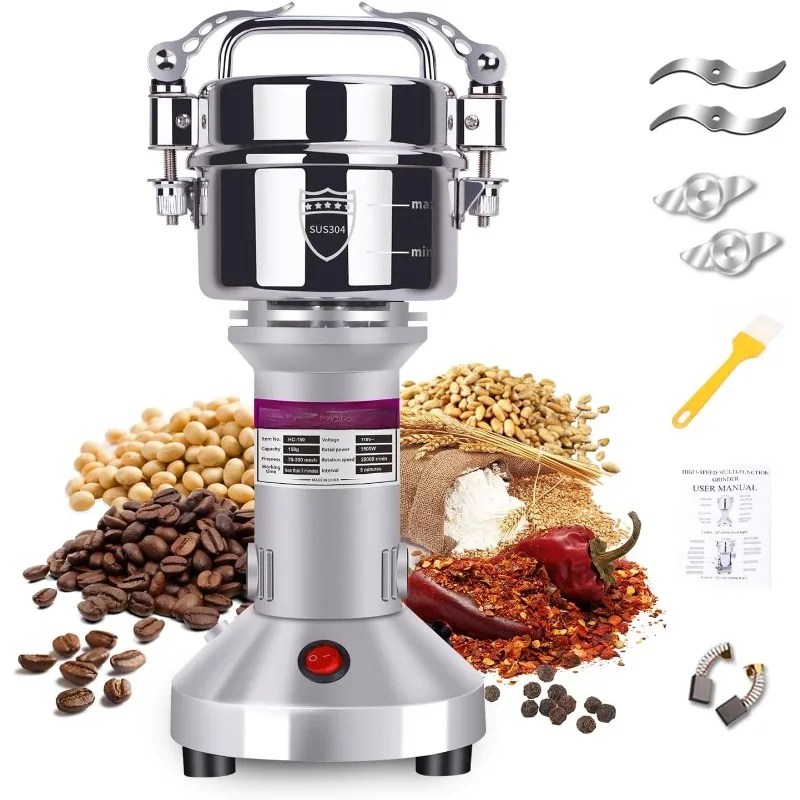 

150g Grain Mill, 304 Stainless Steel Spice Grinder, 1500W High-speed Commercial Flour Mill, Superfine Flour Mill Grinder for Hom