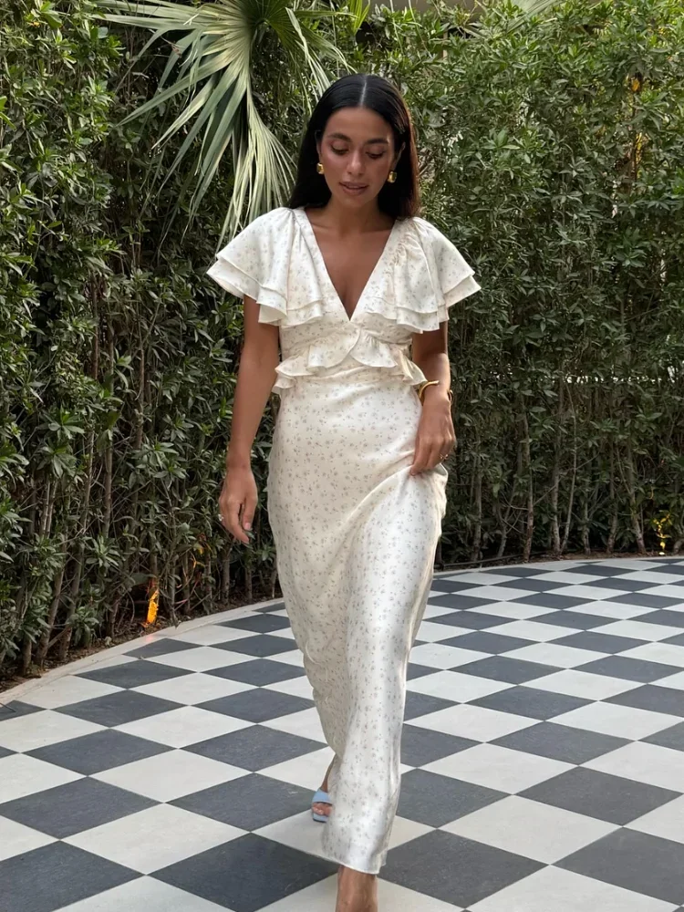 فستان نسائي أنيق مكشكش بخصر عالٍ مزين بالزهور موضة مطبوعة بأكمام قصيرة مضيئة ورقبة على شكل حرف v بقصة ضيقة ملابس ماكسي فيستدو للسيدات للحفلات