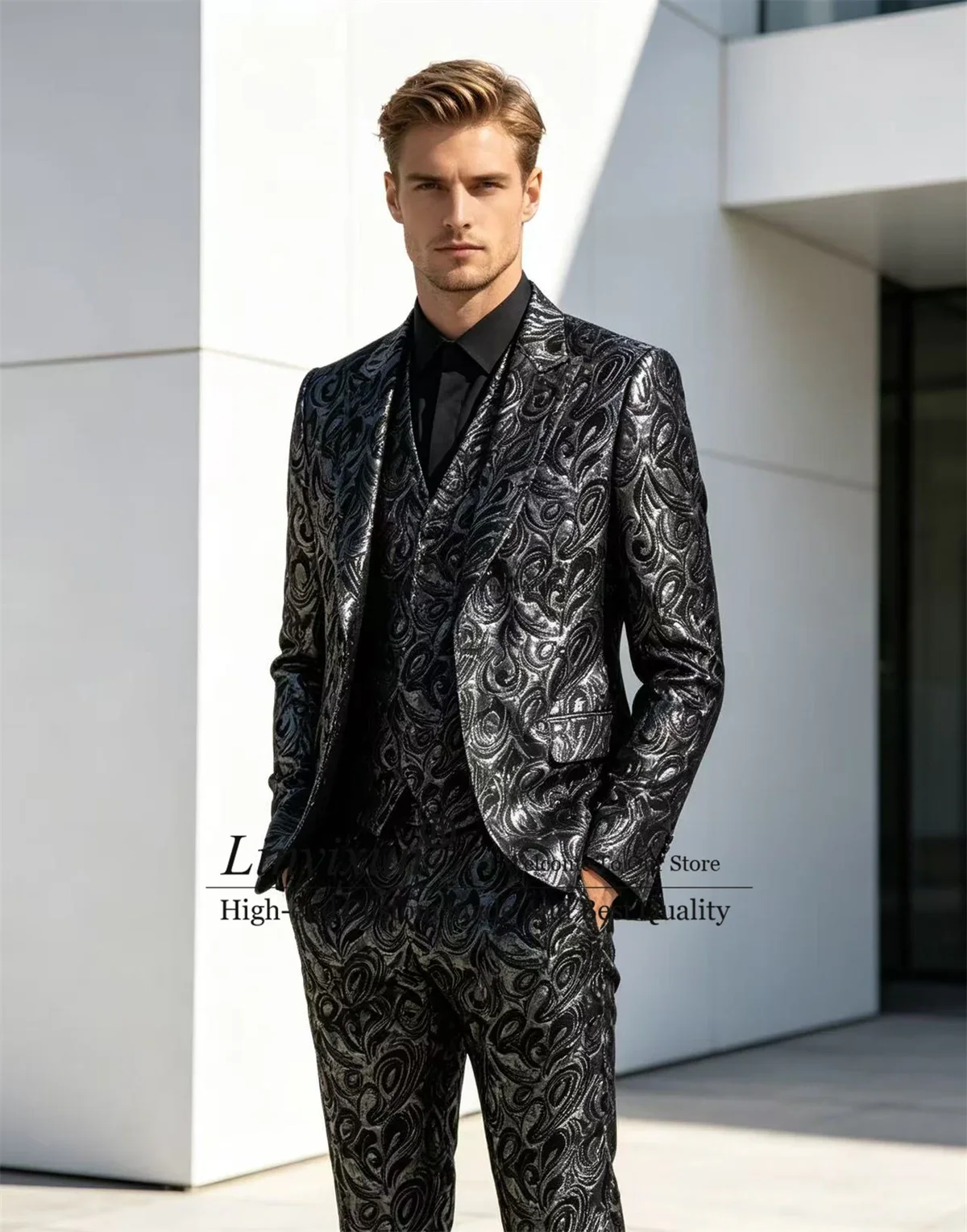 High-quality Print Jacquad Floars Men Suits Customized Casual Man Tuxedos 3 Pieces Sets Male Party Blazers Slim Fit Costume Homm