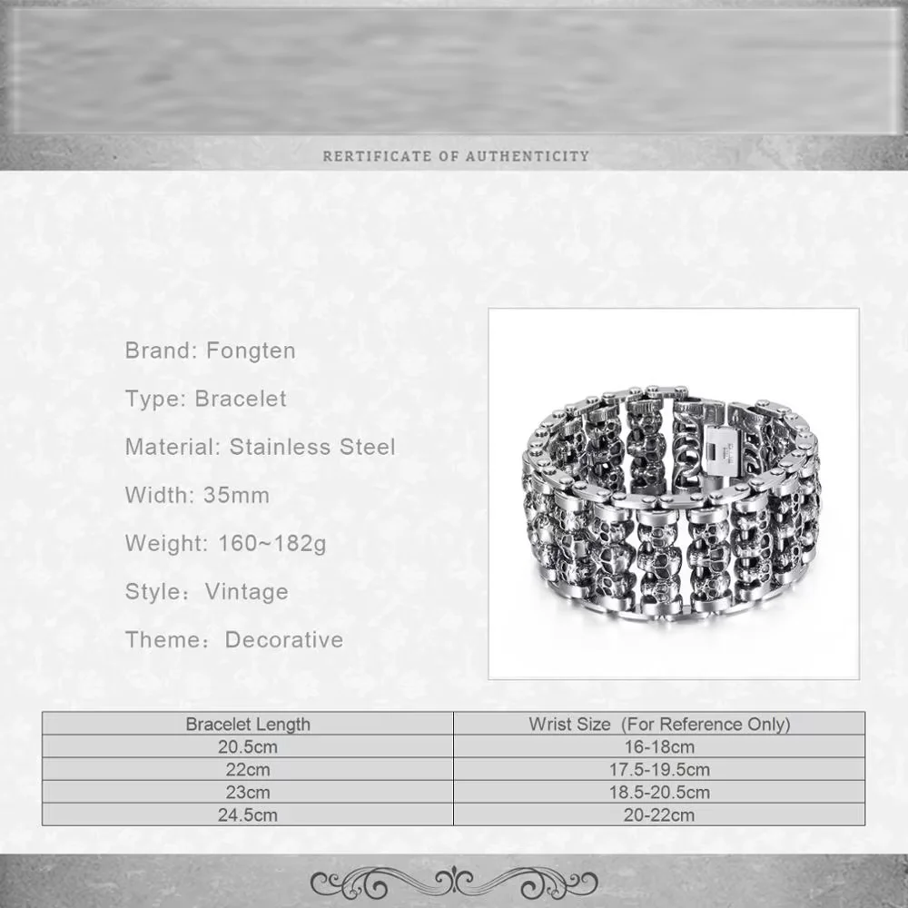 Fongten Wholesale Wide Skull Stainless Steel Bracelets Men Metal Biker Viking Charm Large Argent Men Bracelet Bangle Jewelry