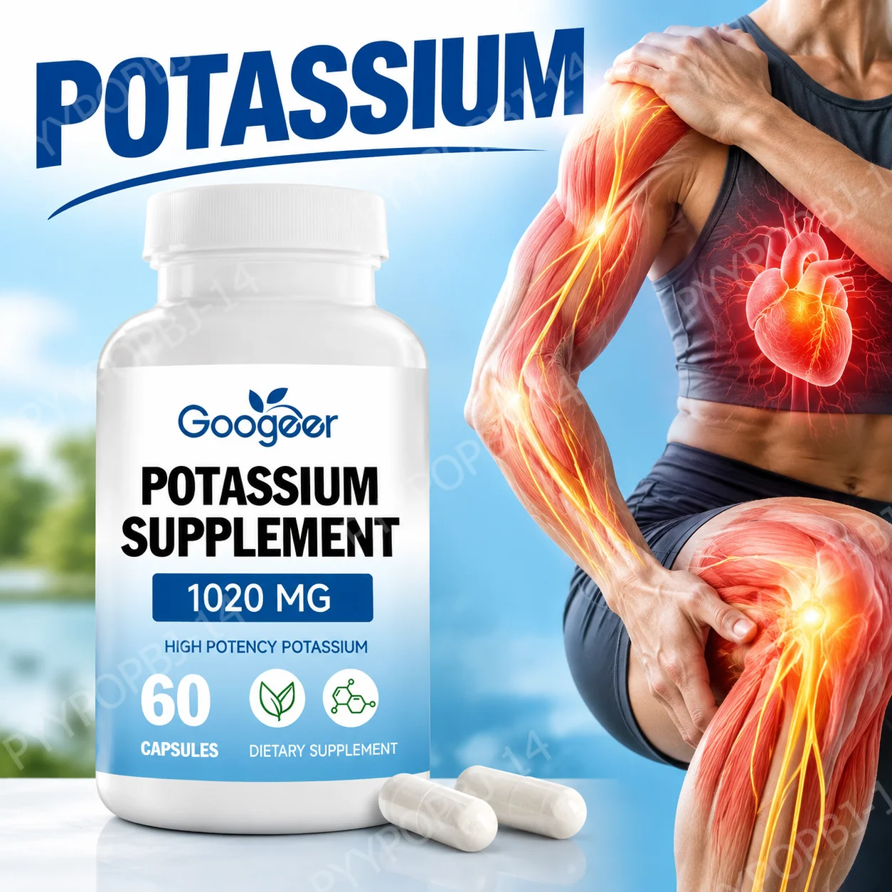 Potassium Supplement 1020mg Supports Muscle, Nerve&Heart Health,Support Mineral Balance,Potassium Bicarbonate Capsules 60 Count