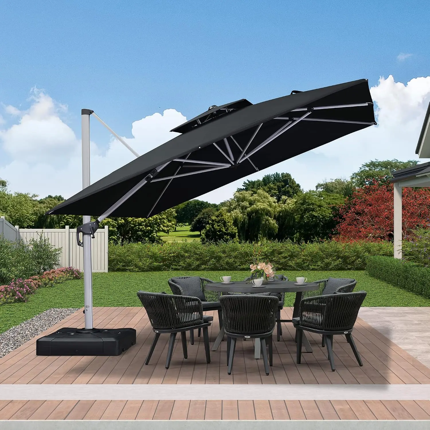 Cantilever Outdoor Umbrella 11' x 11' Large with Base, Black | 35MPH Wind-Resistant Frame, 3-Yr Fade-Resistant, Customized