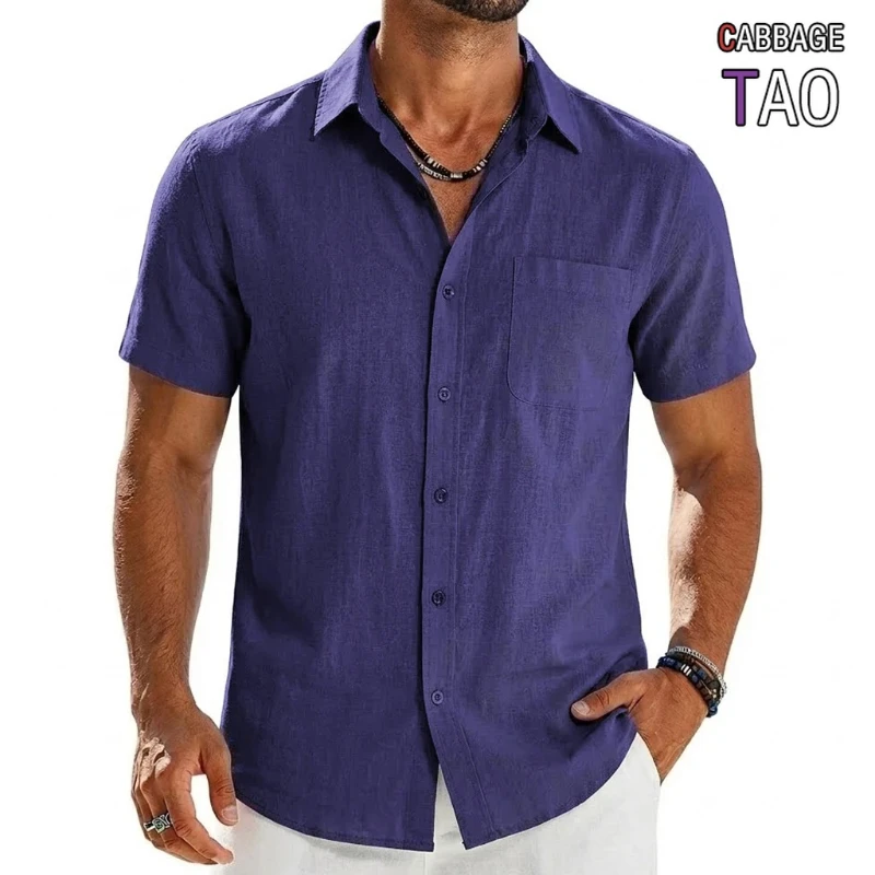 

Мужские летние однотонные футболки с коротким рукавом и элегантные дышащие повседневные рубашки премиум-класса в гавайском стиле из хлопка и льна