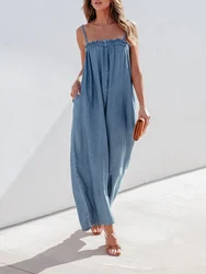 Women Casual Blue Denim One Pieces Jumpsuit Summer Loose Wide Leg Pants Bib Overalls Fashion Pocket Sleeveless Strap Overalls