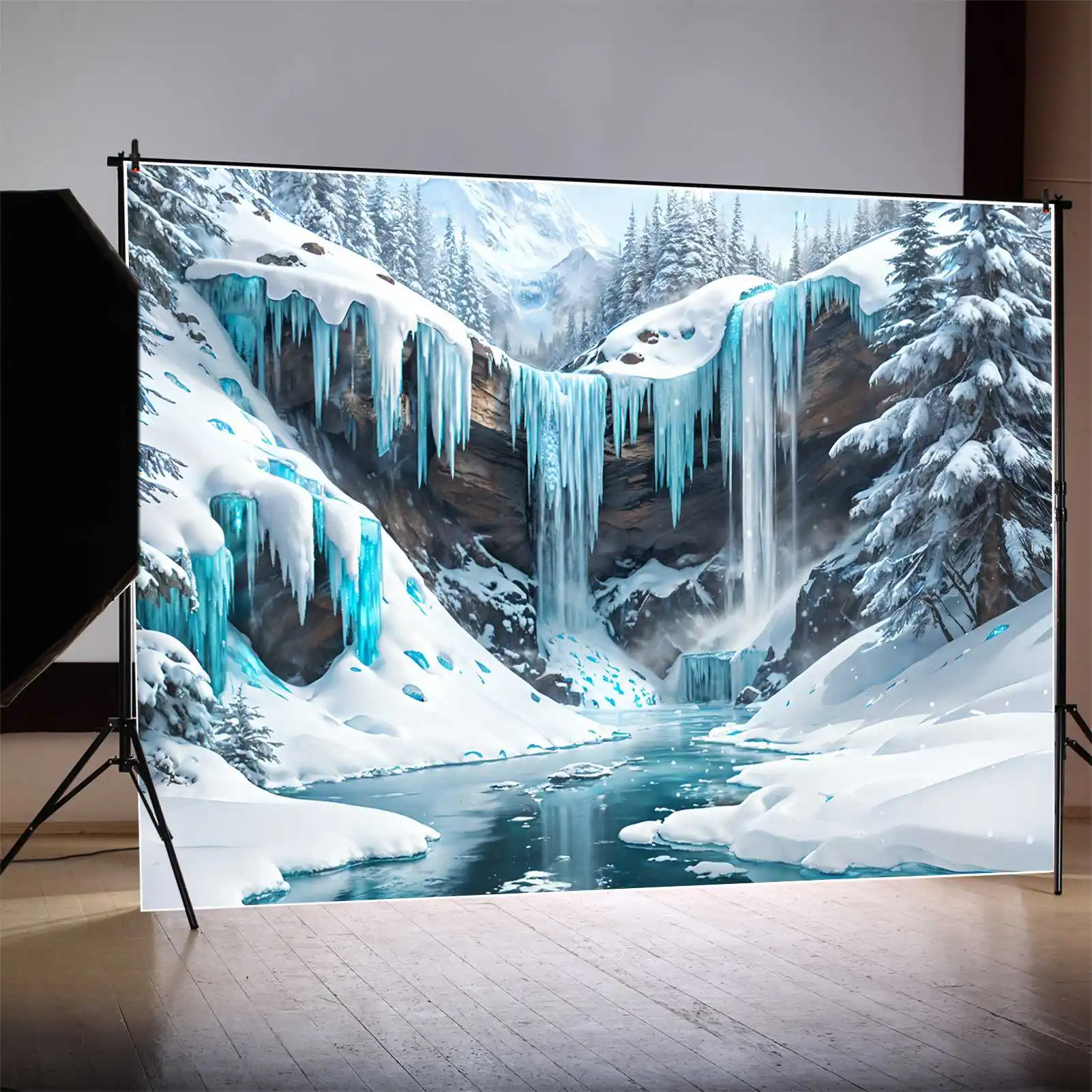 Telones de fondo de cascada congelada para niños, fondos fotográficos personalizados, paisaje azul, banderines