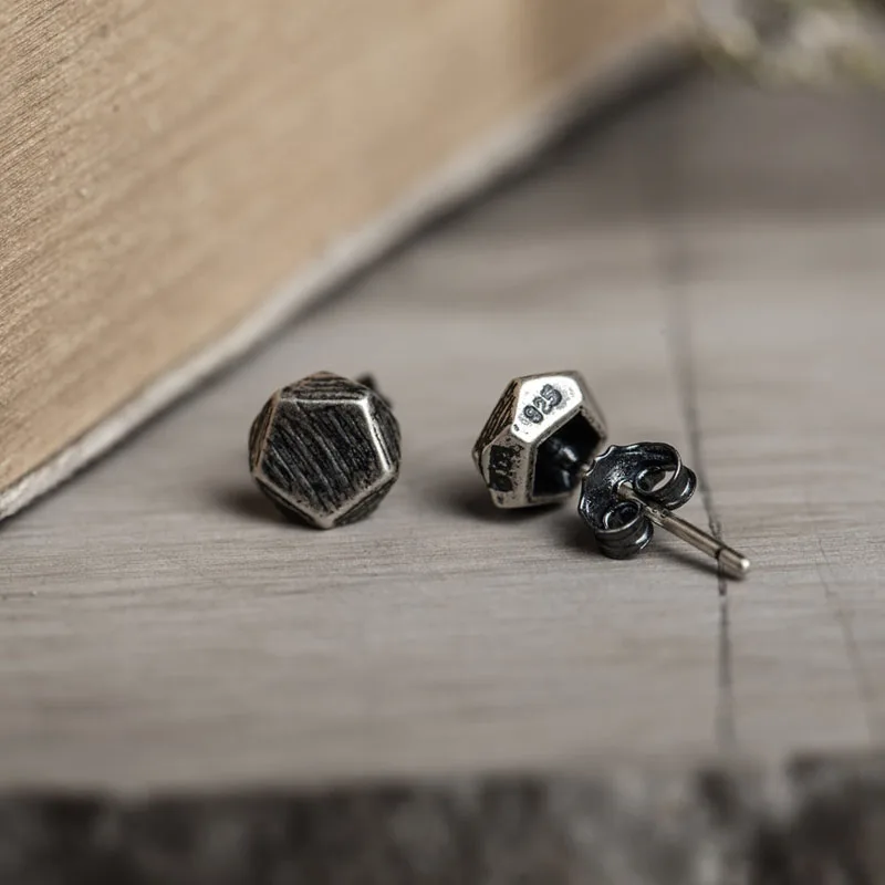 Retro Real 925 Sterling Silver Stud Earrings Pentagonal Cube Earrings Punk Hip Hop Anti-allergy Jewelry Ear Accessories Gifts