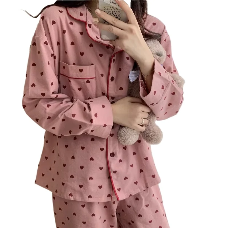 

Women 2 Piece Set Large Size Nightwear Autumn and Winter Cardigan Homewear Ladies Peach Heart Long Sleeves School Sleepwear