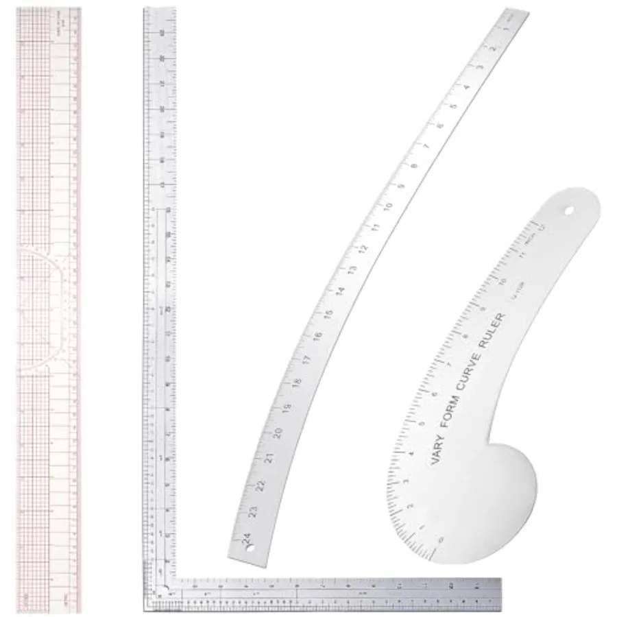 

Набор из 4 модных швейных линеек: французские кривые линейки, алюминиевые дизайнерские линейки, L-образная линейка и пластиковая линейка для градации.
