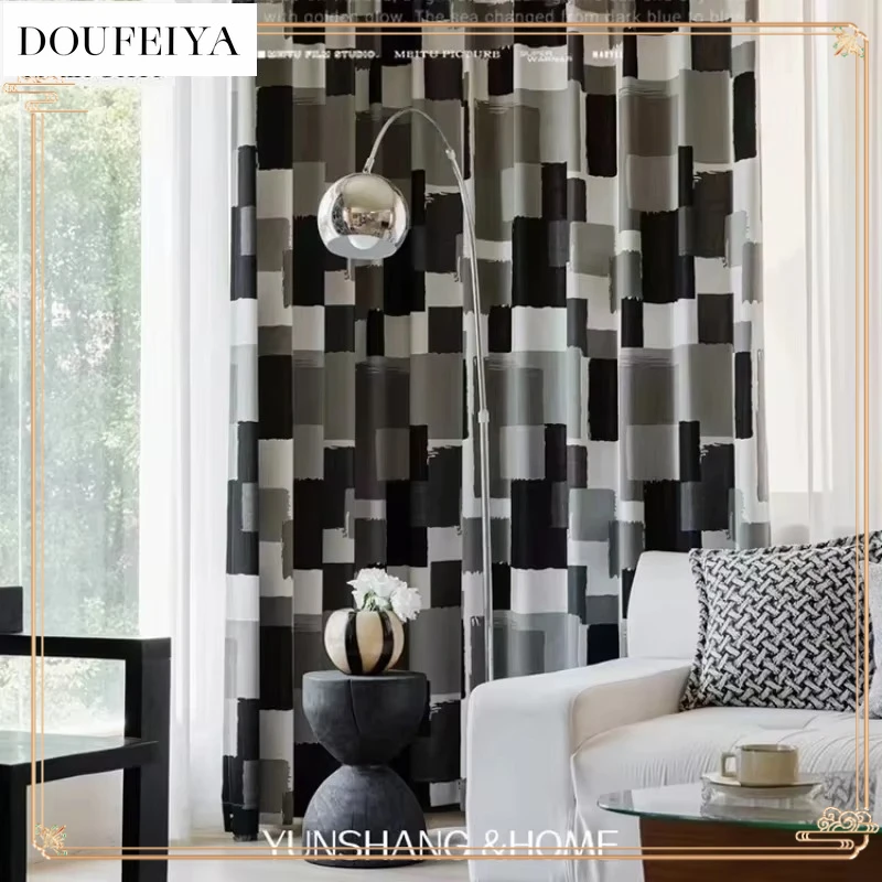 

American French Retro Luxury Curtains for Living Room Bedroom Dining Window Custom Tulle Blackout Black White Square Geometry