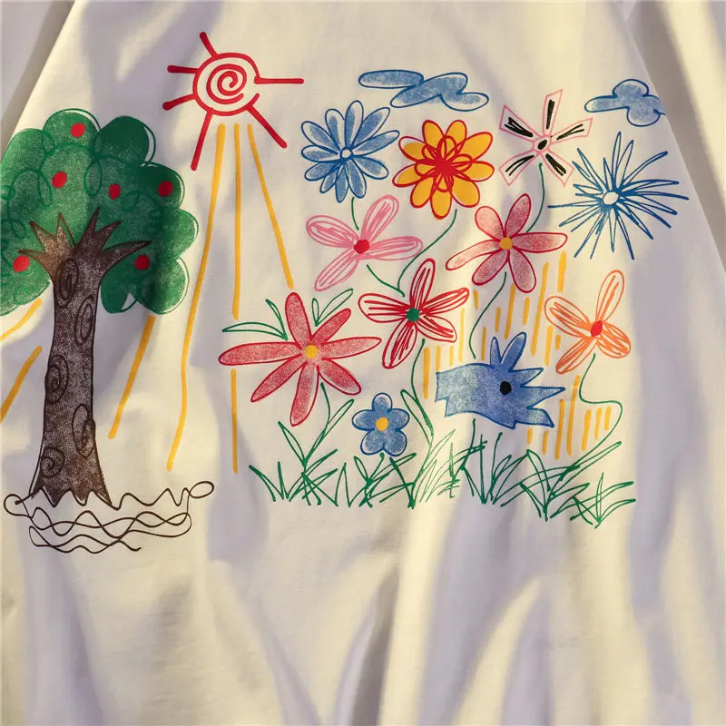 Camiseta de gran tamaño para mujer, ropa de calle con estampado de flores hermosas, Tops casuales de manga corta, camiseta negra para mujer, ropa Punk Y2k