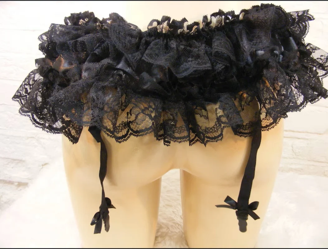 Black Lace Elastic Waistband with Butterfly Bow Inlay, Sexy Mini Ultra Short Hip Decoration, Role-playing Customization