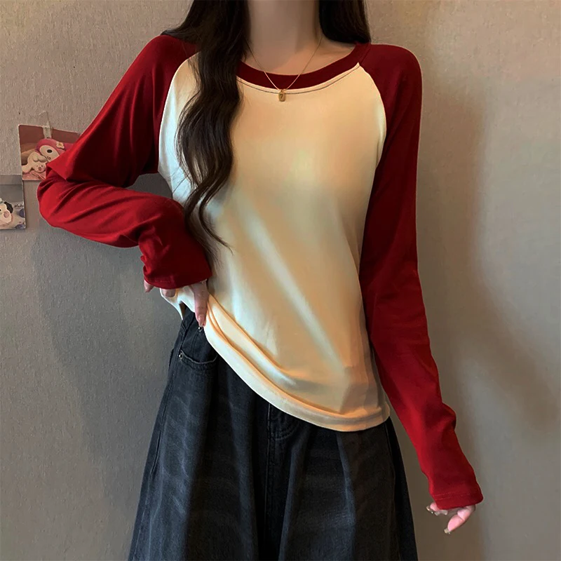 200GSM 100% Cotton Fabric 2024 New Autumn Fashion Women\'s O Neck T-Shirt Female Loose Long Sleeve Shirt Patchwork Style Tops