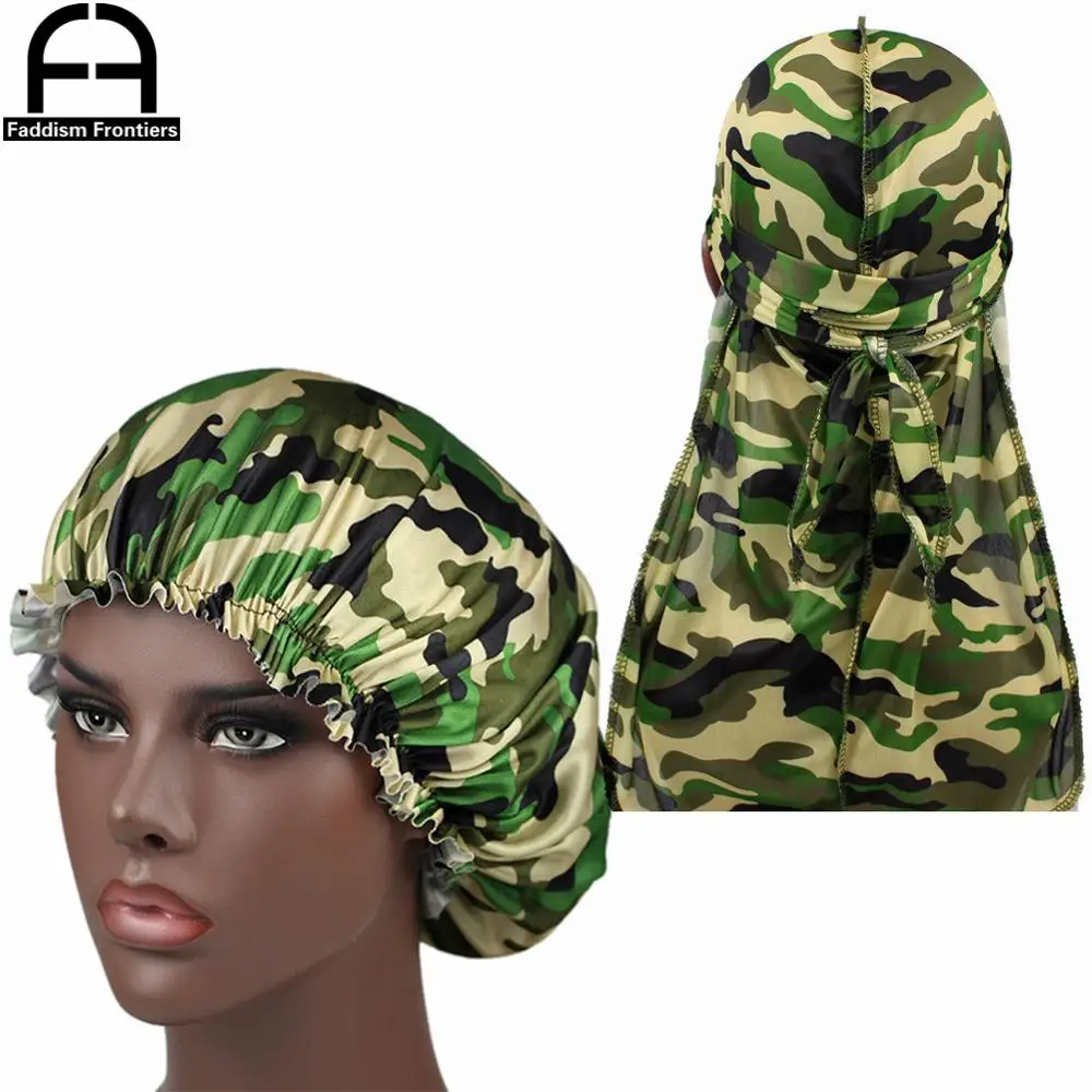 Camo Silky Durag dopasuj czapkę kobiety wzór moro nadruk na tkaninie Ankara czapeczki czapka do spania damskie Turban