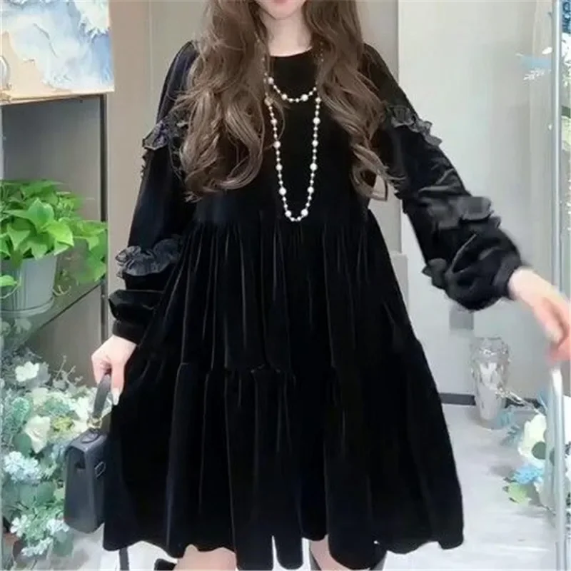 女性のための黒いフラウンスドレス,背中にリボンが付いたイブニングドレス,大きなスイング,ゆったりとした婦人服,新しいファッションデザイン