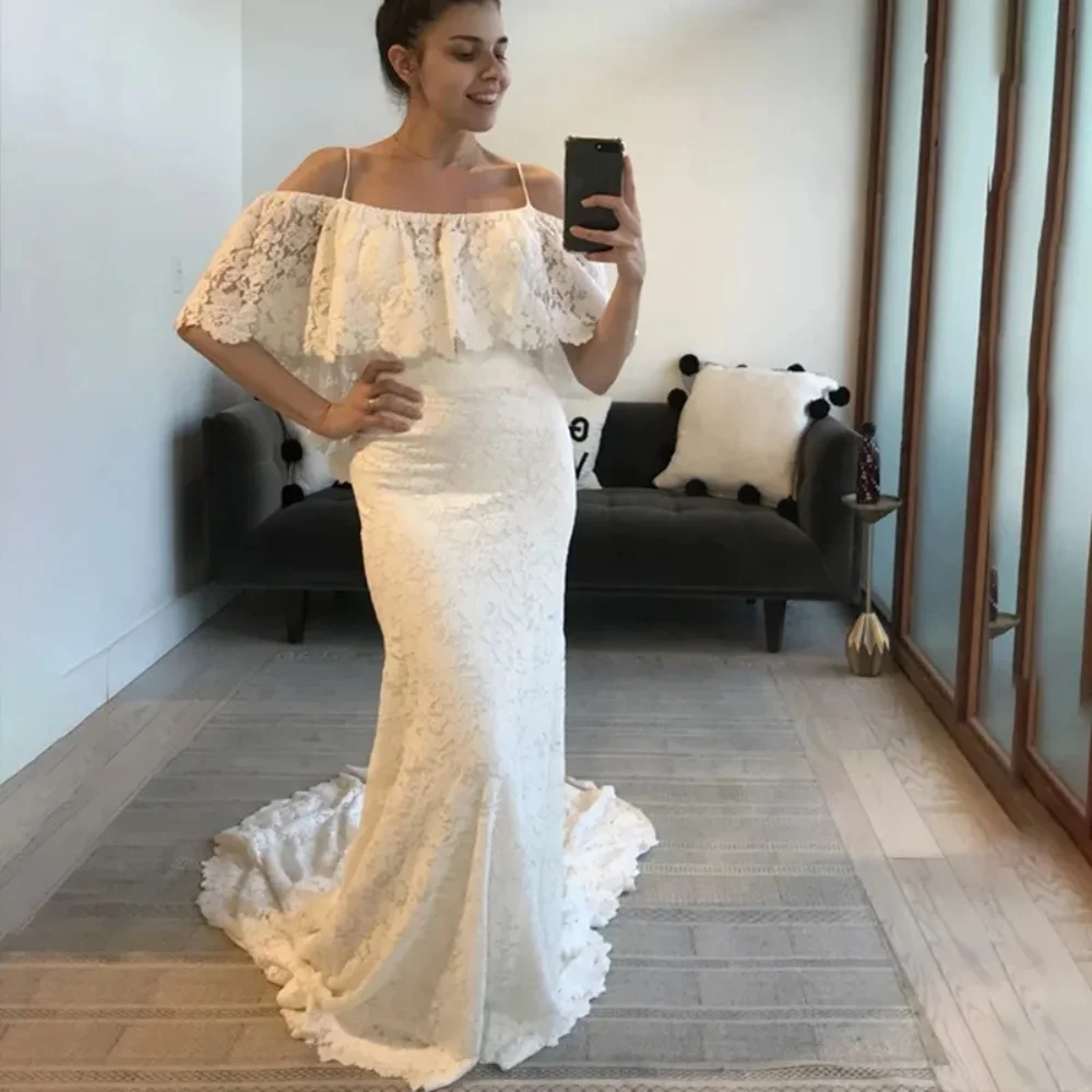 Robe de mariée sirène en dentelle avec bretelles spaghetti pour femme, robe de mariée blanche, col bateau, longueur au sol, adaptée aux patients bohèmes, plage, nouveau, 2024