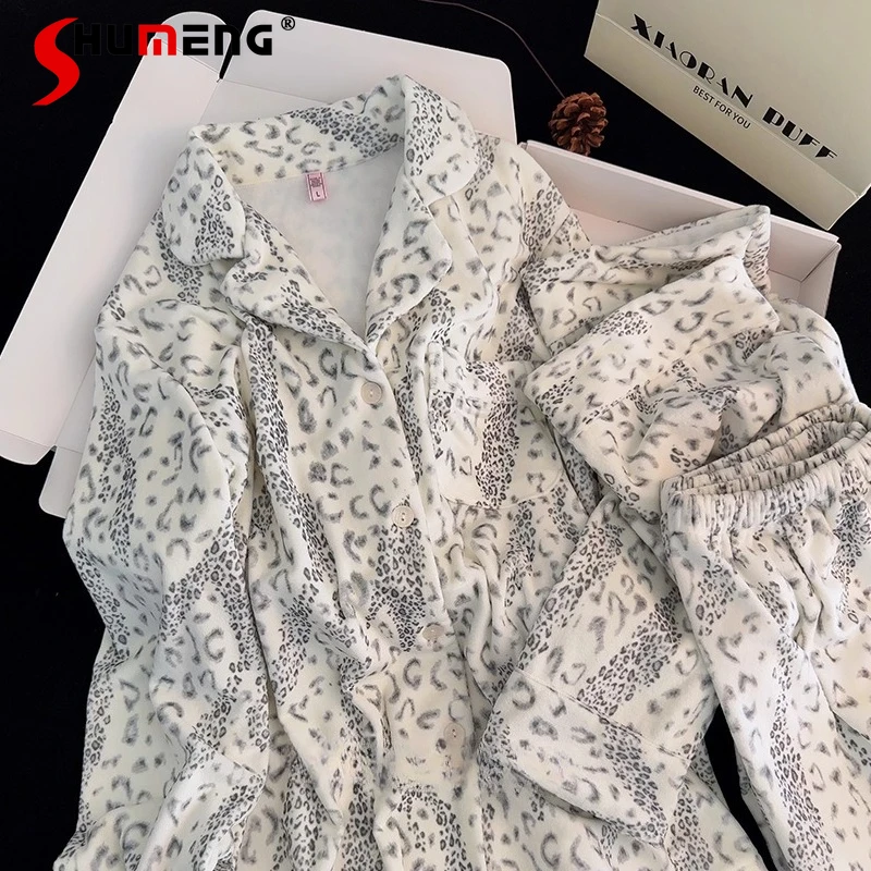 

Sexy Leopard Fleece Pajamas for Women Autumn Winter Velvet Sweet Homewear Set Female Japanese Style Birthday Sleep Suits