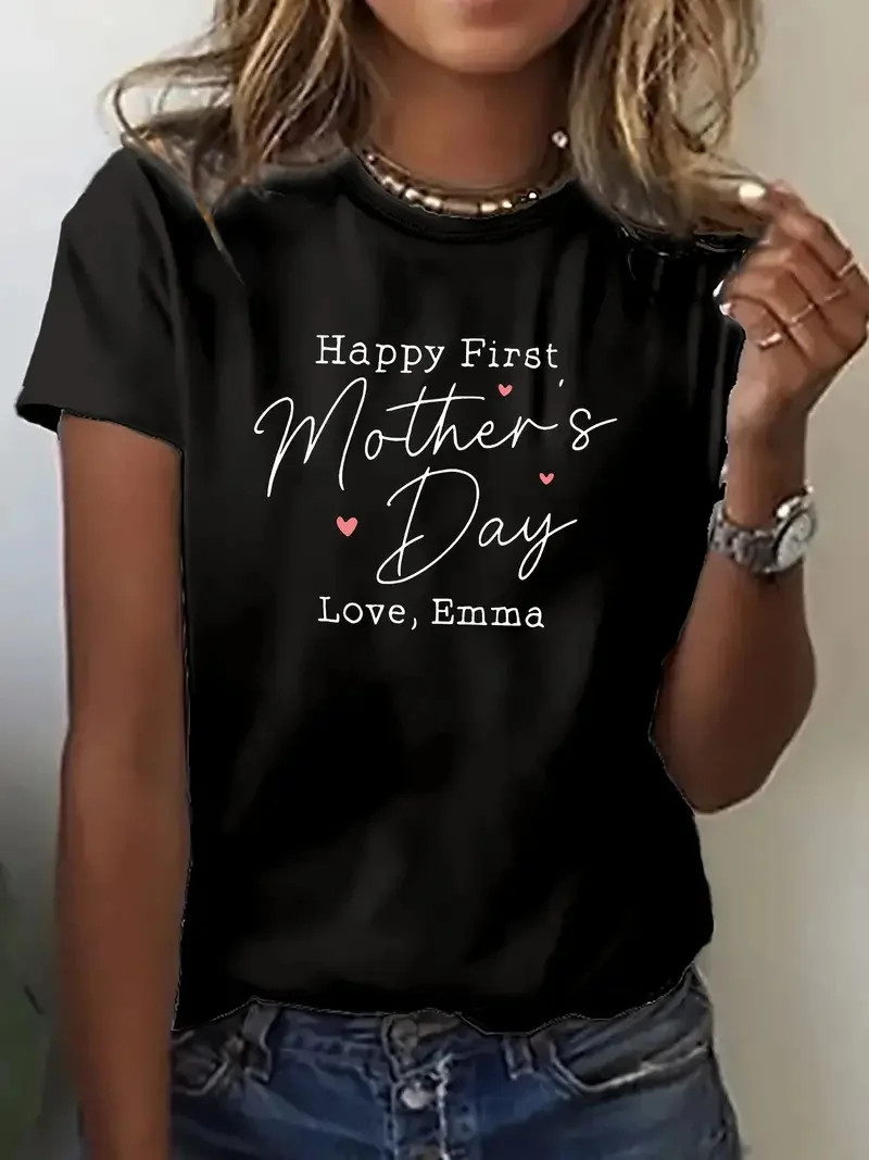 2024 New Happy First Mothers Day Love Emma Letter Printed T-shirt Summer Casual Comfortable Round Neck Top