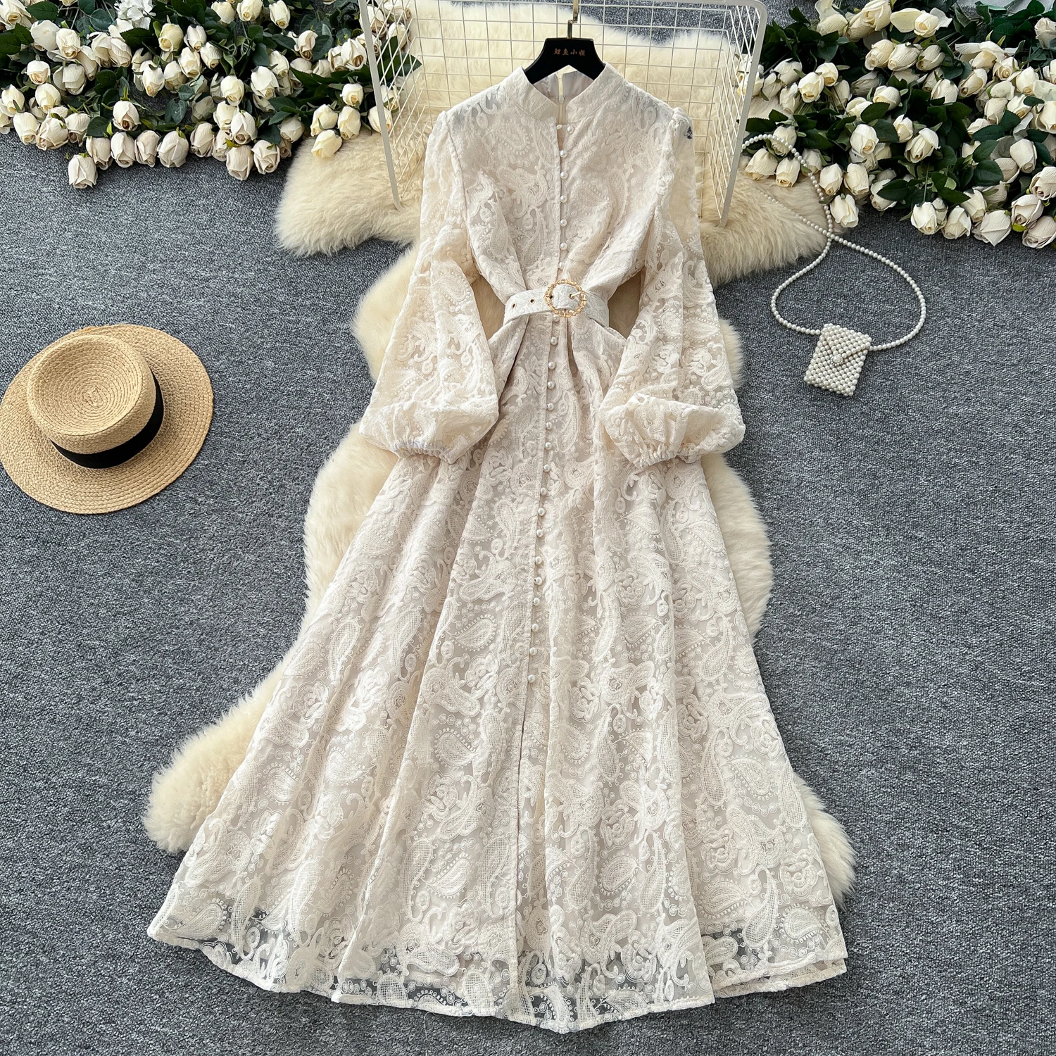Embroidery Formal Evening Lace Dress New Women Single Breasted Crystal Belt Crochet Long Sleeve Maxi Dresses Prom Party Vestidos