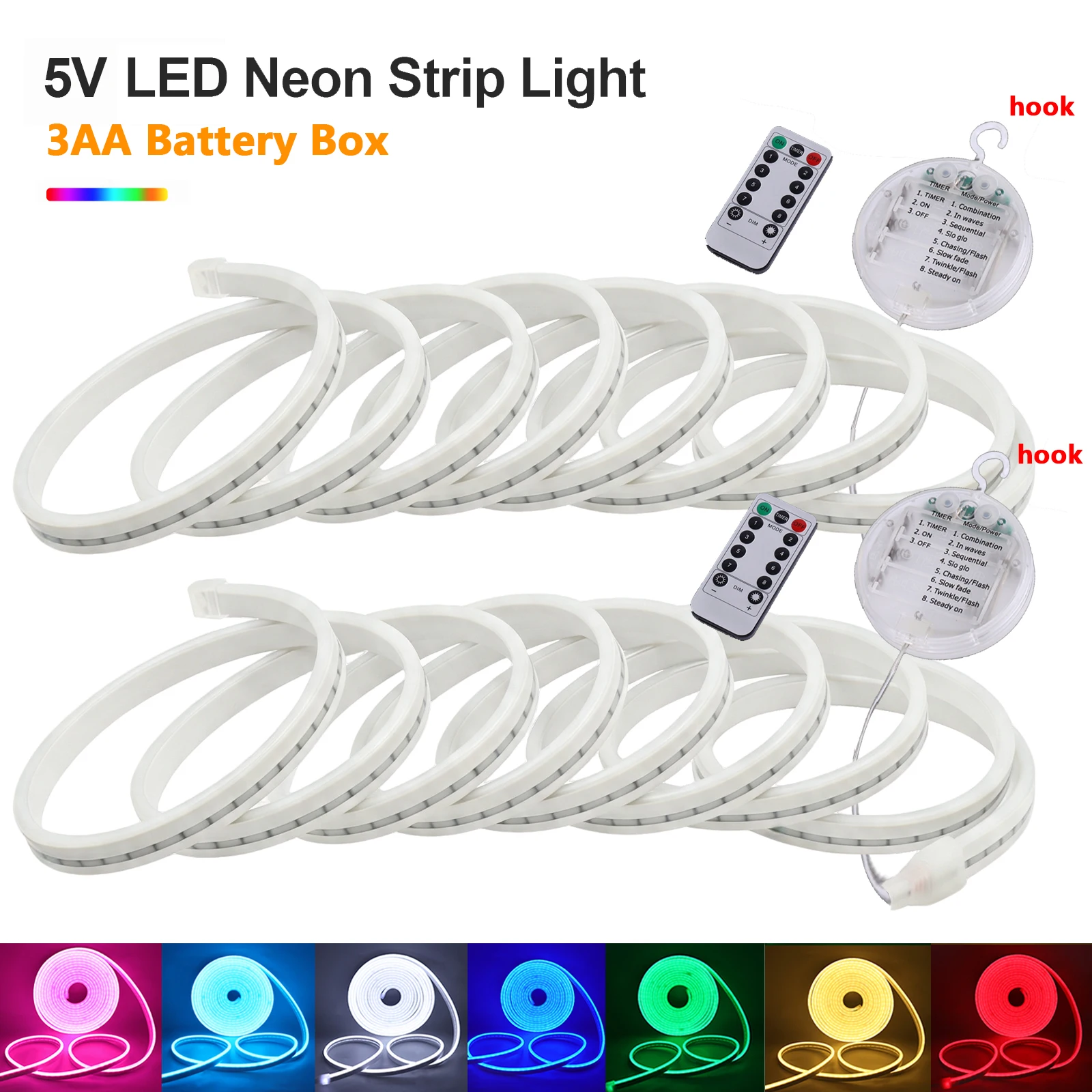 5V LED Neon Strip Light 8 Modes 3AA Battery Box With Remote Kit 120LEDs/M Pink Yellow Red Green Warm White Waterproof Flex Lamp