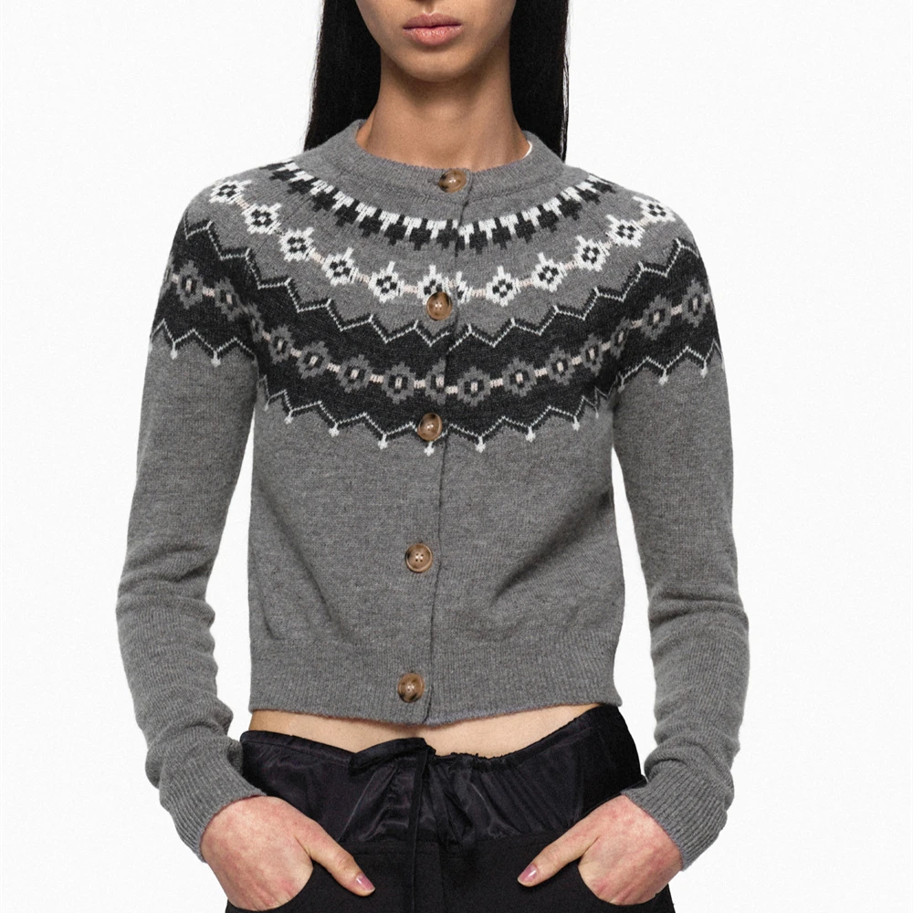 

Autumn and Winter Women's Cardigan New Round Neck Contrasting Color Retro Jacquard Long-sleeved Knitted Sweater Coat