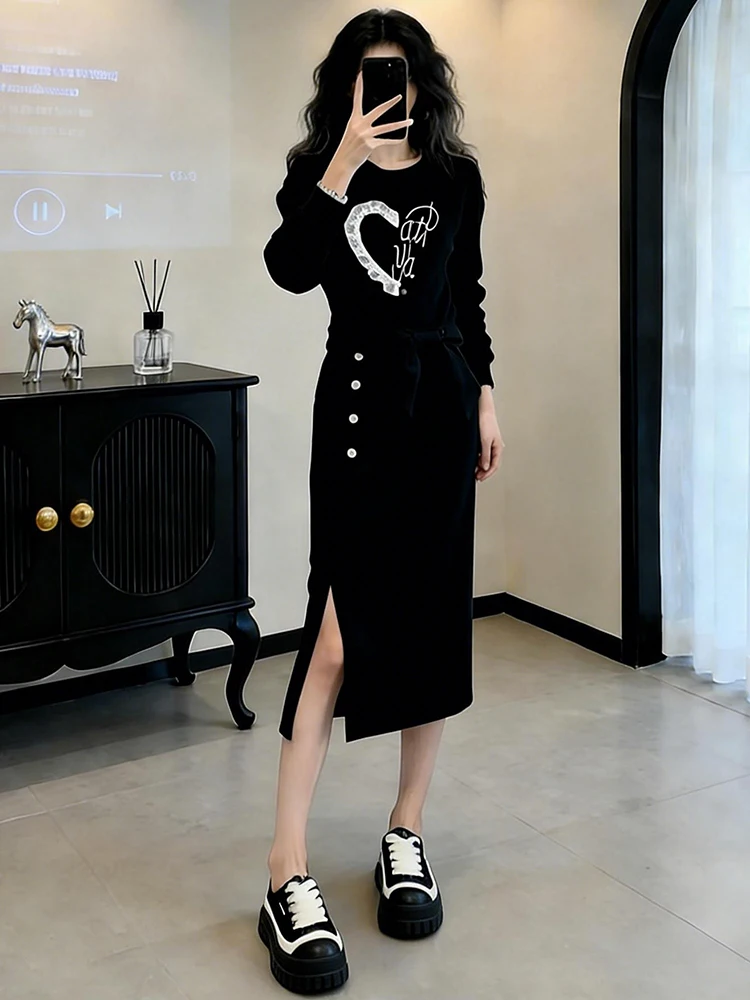 

Spring 2026 Faion Sportswear Set Women's Slimming Long Sve Top f-length Skirt Two-piece Set Casual Loose Fit Printed