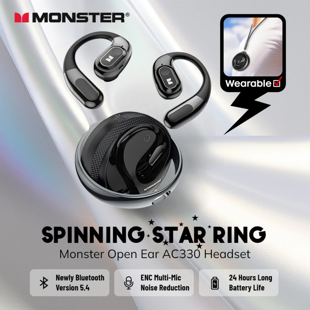 Monster AC330 Open Ear Ear-hook Bluetooth Headphone Air Conduction Sports Earphone HiFi Stereo TWS Wireless Earbuds with Lanyard
