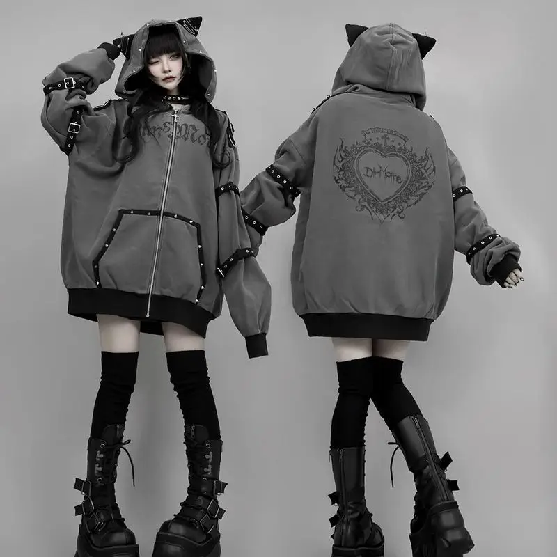 Grey Zip Up Sweatshirt Pearl Hooded Jacket Women Autumn Streetwear New Loose Design Casual Tops Harajuku Kawaii Sweatshirt
