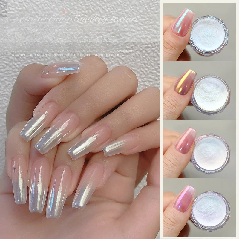 Poudre à ongles effet miroir magique pour Nail Art, produit de décoration, ciel, royaume, aurore, perle, blanc, clair de lune, rose, champagne, or, argent