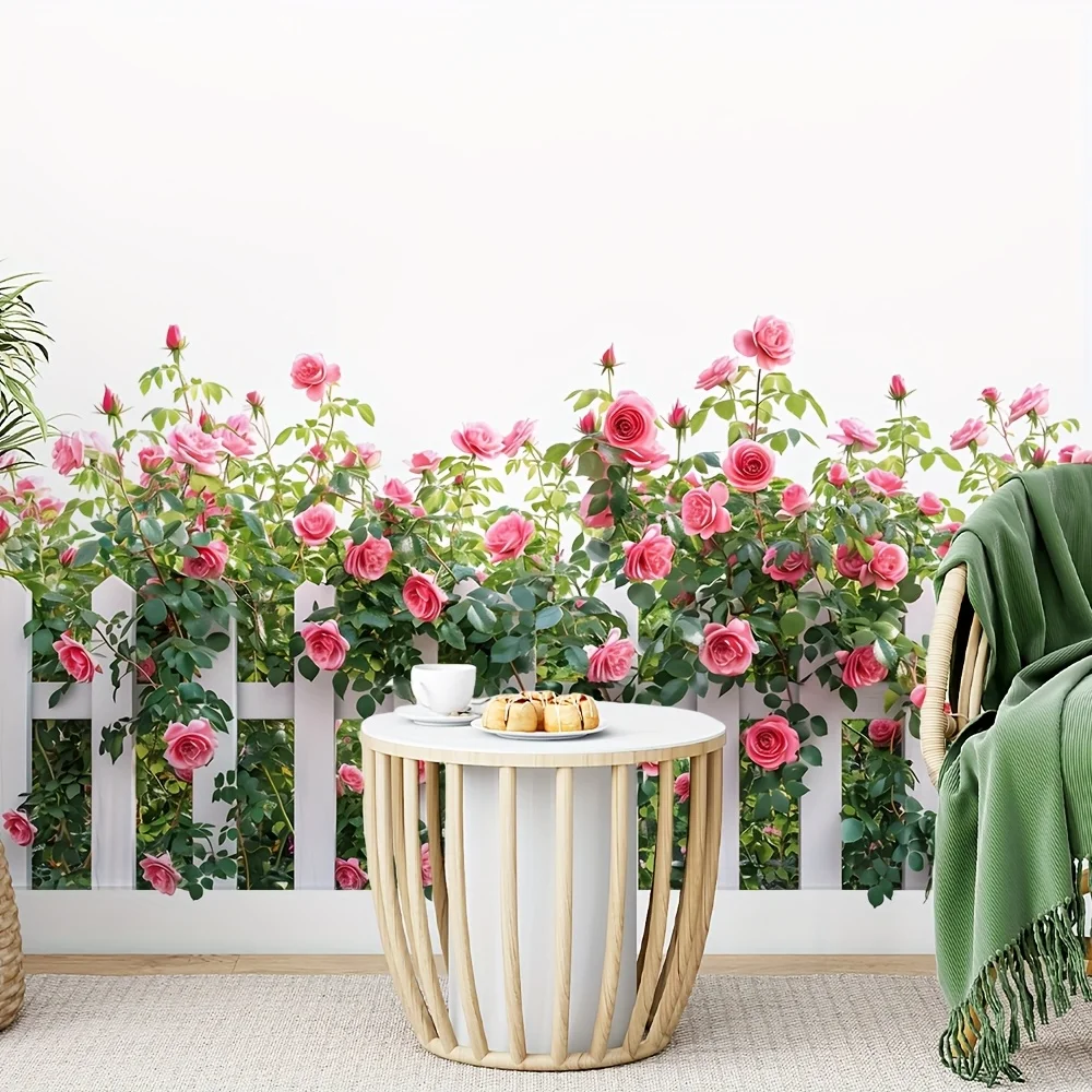 2D plane, 1 piece of realistic rose wallpaper decoration-self-adhesive flower fence sticker with pink roses, easy to peel and pa