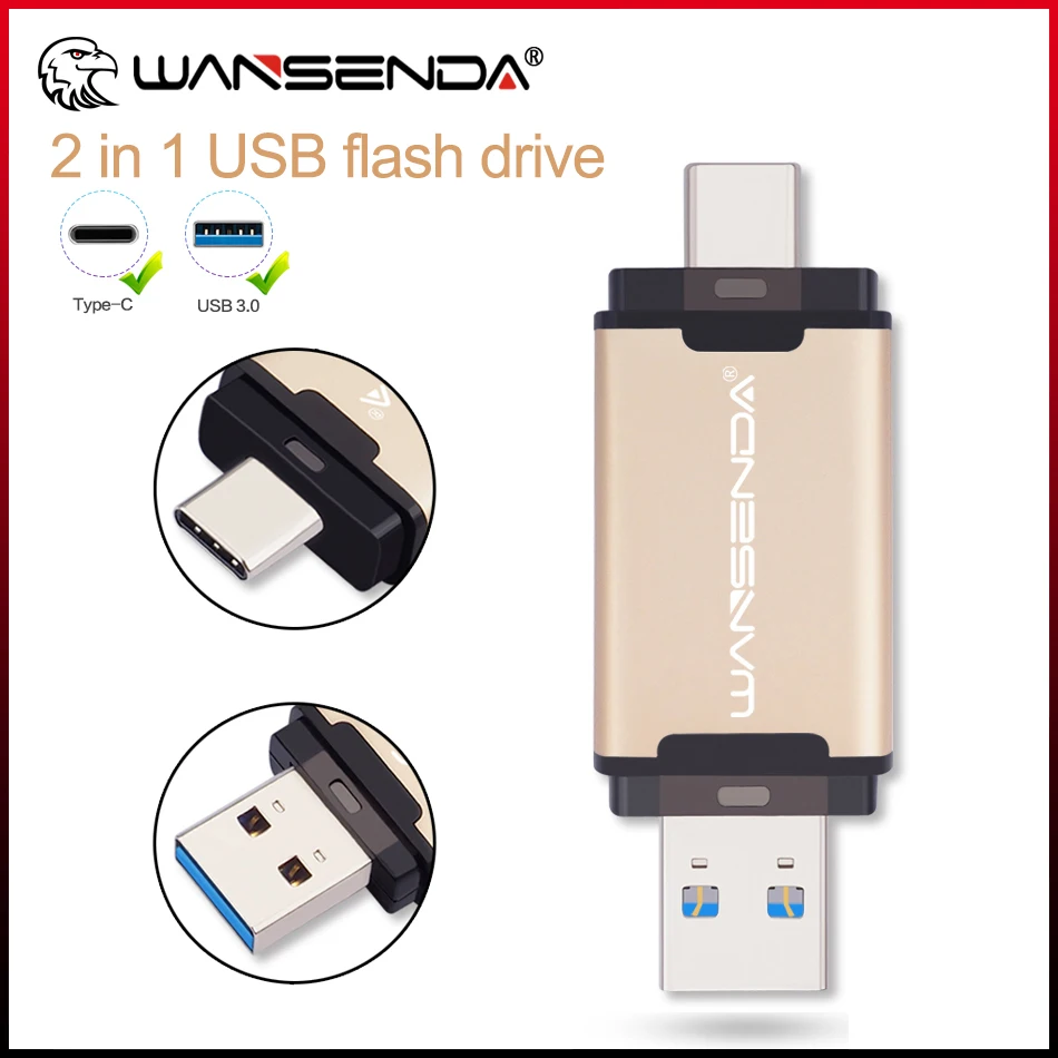 WANSENDA USB Flash Drive 128GB 2-IN-1 USB 3.0 + TYPE-C Pendrive 32GB 64GB Dual Type C Memory Stick 256GB 512GB Thumbdrive