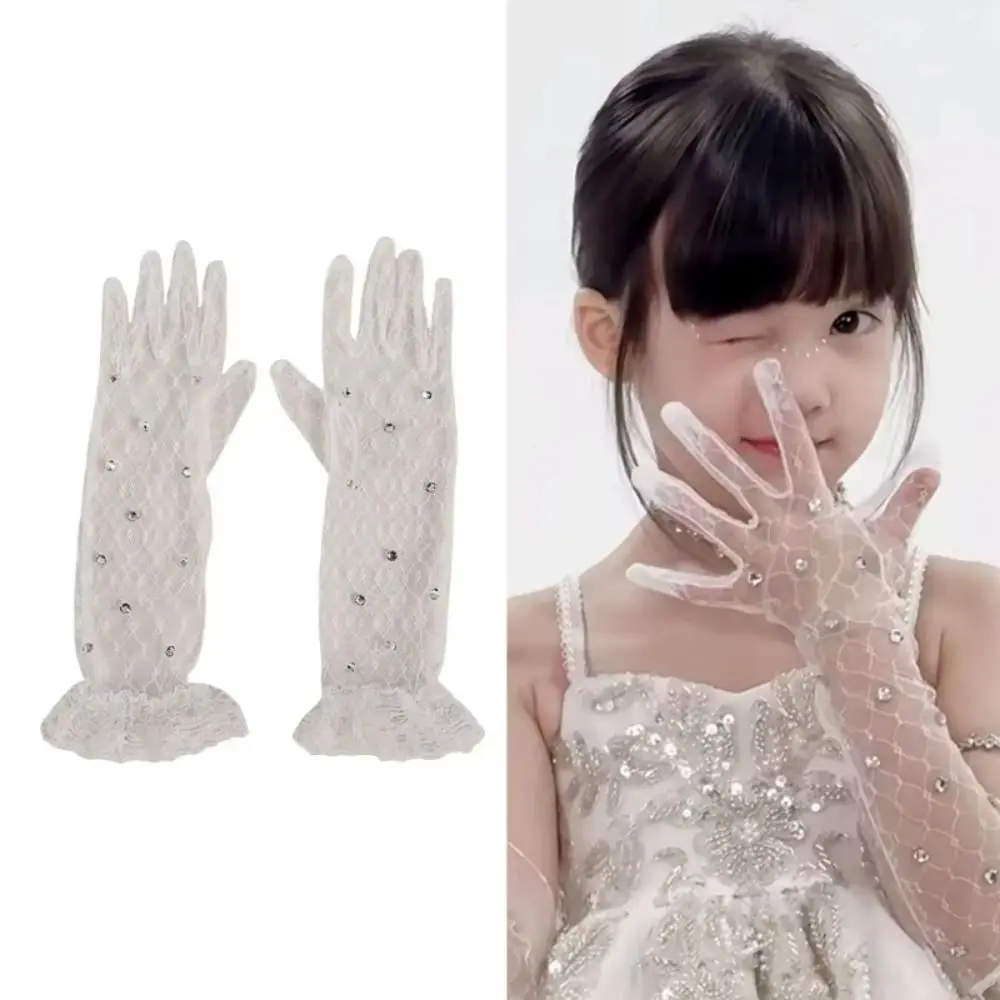 2 pares de guantes blancos de encaje para niños, guantes de princesa transpirables de malla con cinco dedos y diamantes de imitación brillantes para niñas