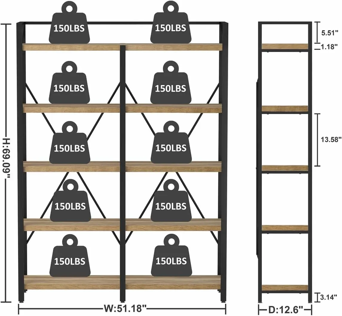 5 Tier Industrial 51 Inch Wide 69 Inch Tall Etagere Bookshelf Rustic Oak Wood Metal Large Open Shelving Unit Home Office Living
