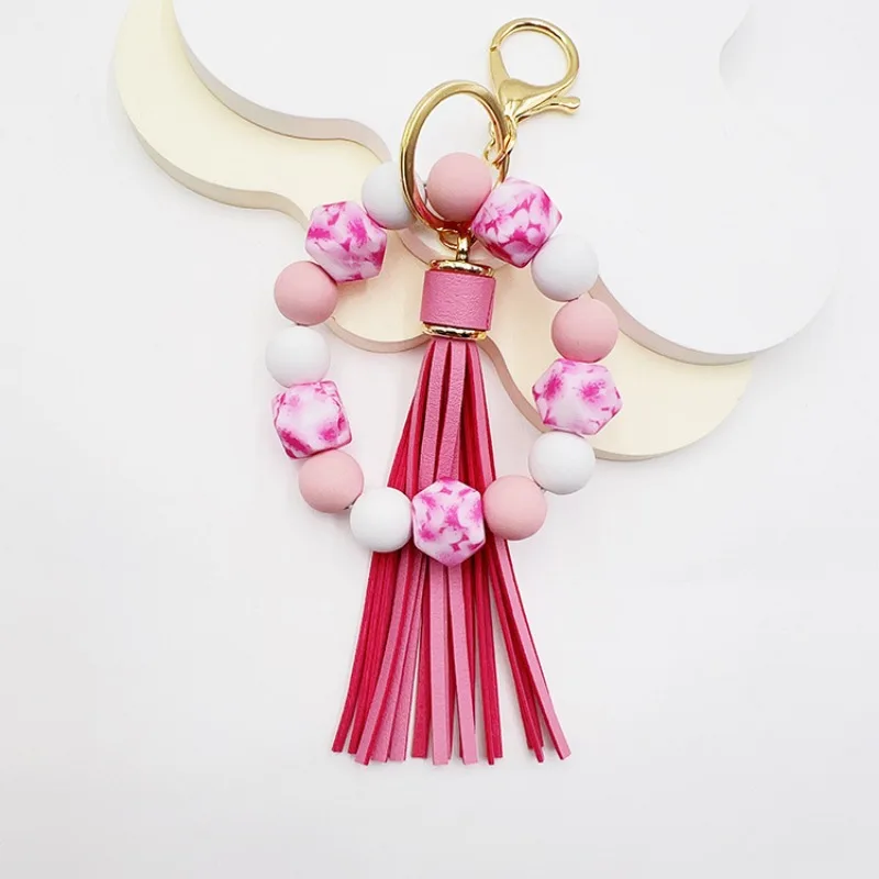 1pc Silicone Leopard Print Beaded Tassel Car Keychain Key Ring, Fashion Bracelet Accessories Women\'s Bag Pendant Accessories