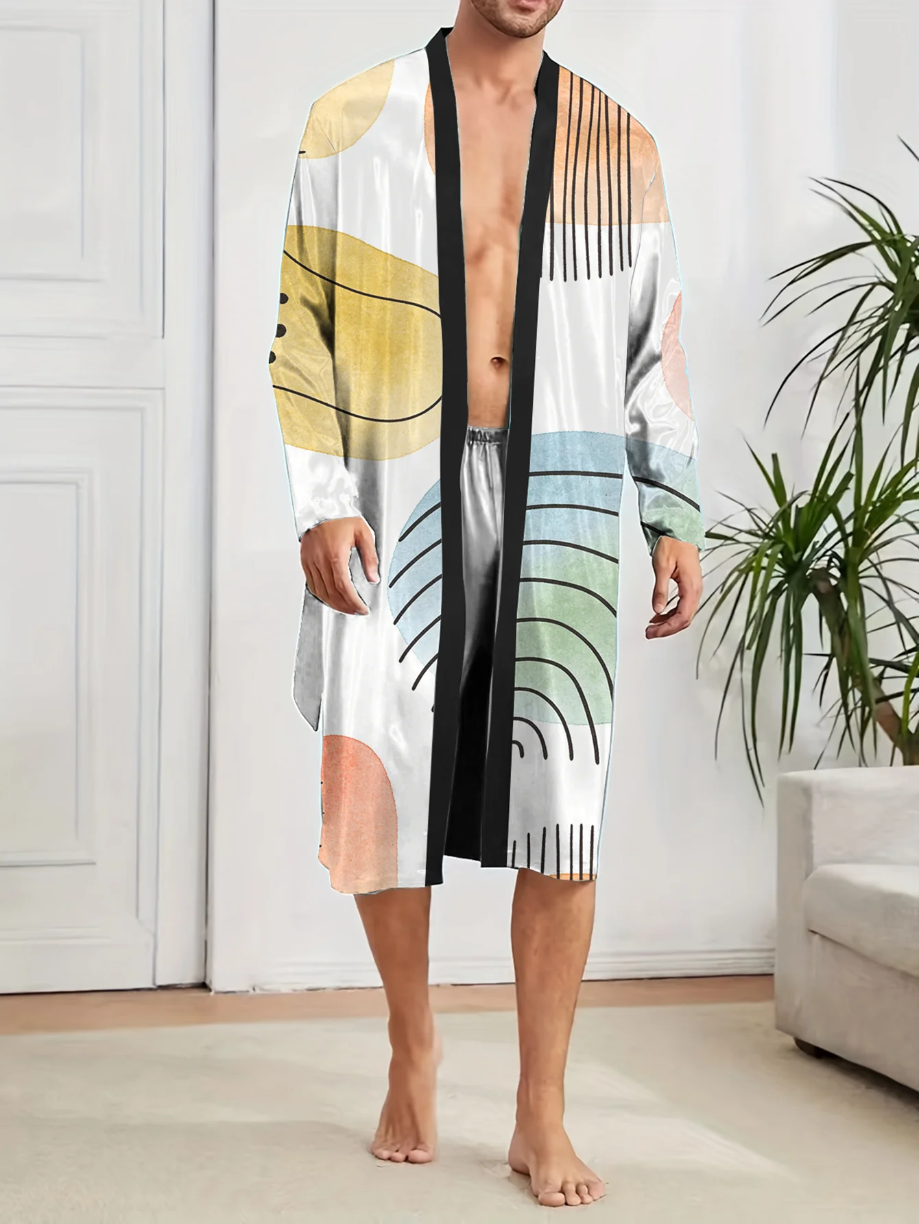 

New men's fashionable and fun long robe, fast drying non fading digital printed casual and comfortable long bathrobe