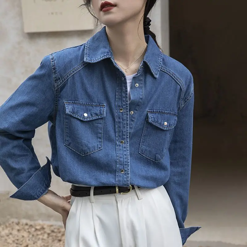 Women\'s Commute Fashion Turn-down Collar Denim Shirt Autumn Winter Casual Loose Solid Color Single-breasted Simplicity Blouse