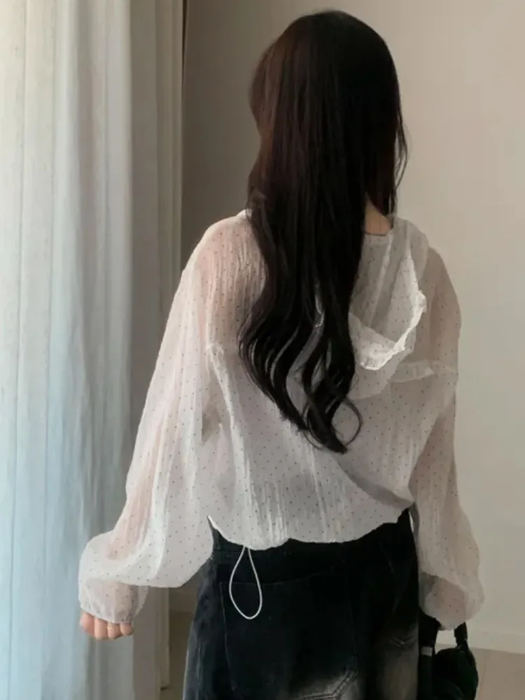 เสื้อคลุมกันแดดมีฮู้ดลายจุดบางป้องกันริ้วรอยผู้หญิงฤดูร้อนใหม่สเลอเนกประสงค์เสื้อแขนยาว