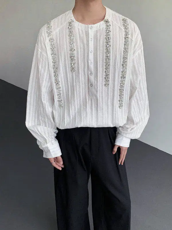 

Handmade Long Sve Crew Ne irt Men's Faion Luxury Trend Summer Stand Fit Polyester Fiber Pure Color Button Detail