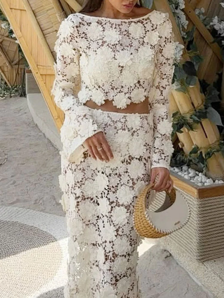 ファッション長袖バックレストップス＆ハーフスカートセットセクシーレディピュアバケーションセットフレンチスタイルレースホローアウトフィッシュテイルスカートセット