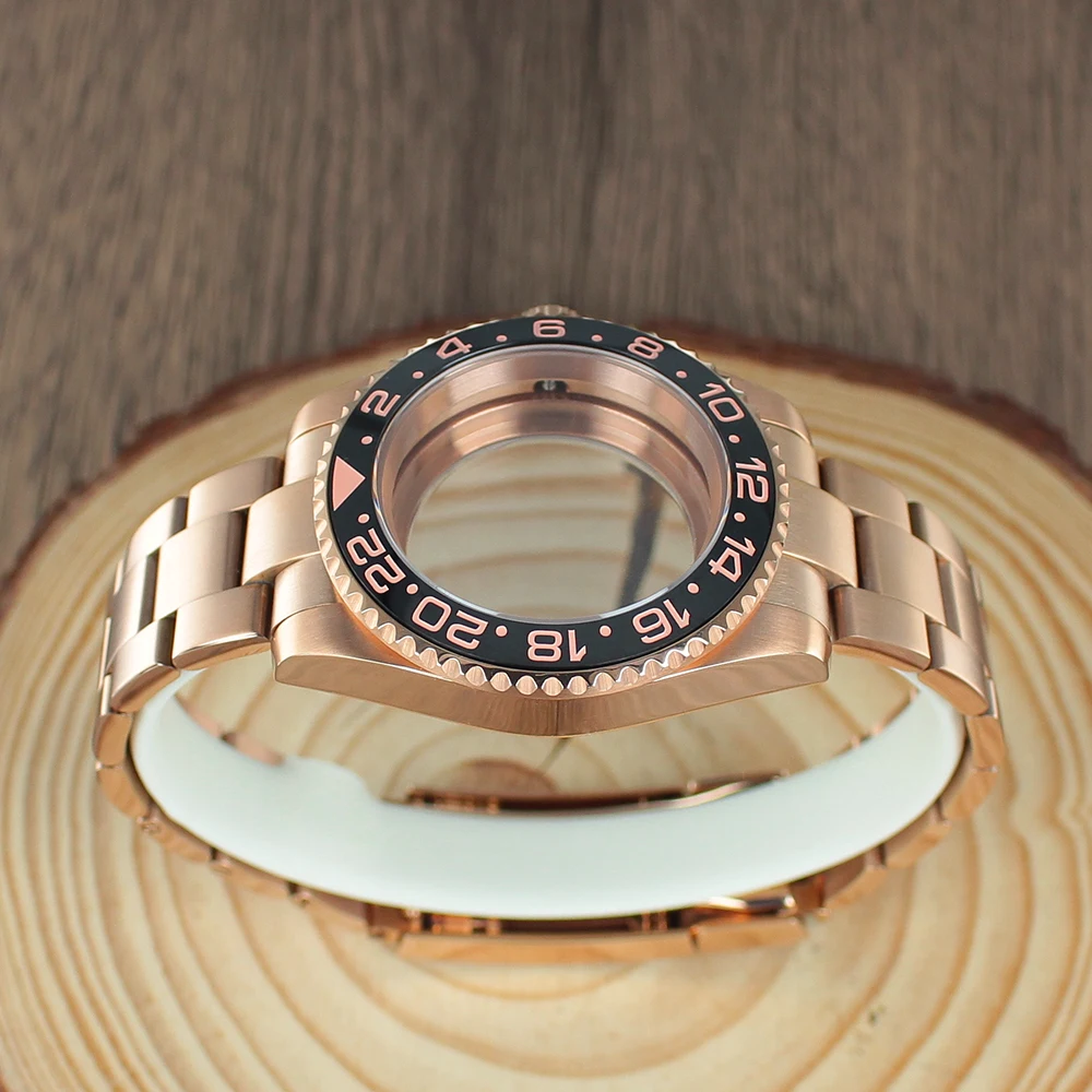 40 مللي متر PVD ساعة ذهبية وردية حزام الياقوت كريستال زجاج ل NH35 NH36 NH34 8215 2824 Movt 28.5 مللي متر الطلب 120 نقرات GMT ROOTBEER
