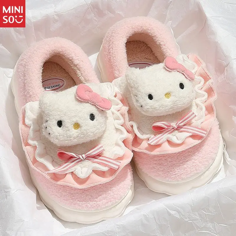 Miniso لطيف الكرتون أفخم النعال النساء شتاء جديد، سحابة دافئة الراحة المنزل داخلي الصوف أحذية المنزل