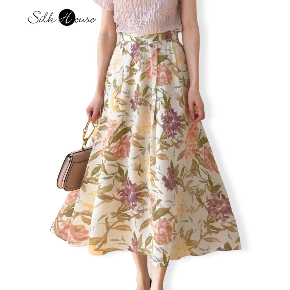 Romantic French Floral Print 100% Natural Mulberry Silk Bubble Wrinkled Elastic Waist Women's Casual Elegant Large Swing Skirt