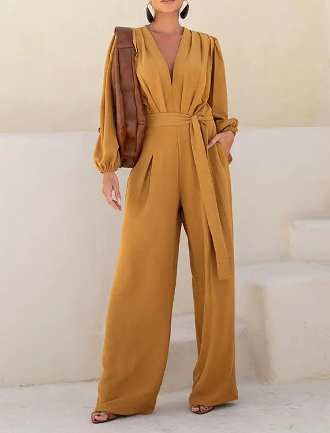 Women Long Jumpsuits Puff Sleeve Plunge V Neck Waist Tied Detai Jumpsuit Female Casual Ruched Textured Loose Romper with Pockets