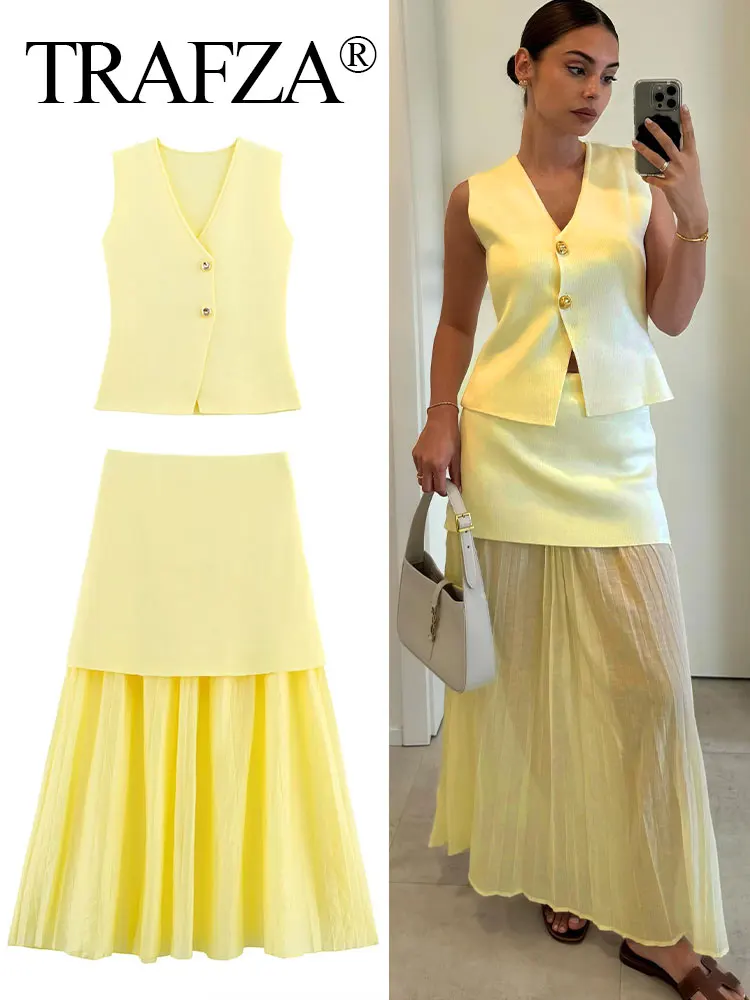 

TRAFZA Elegant Women 2 Piece Set V-Neck Sleeveless Button Knitted Vest Top+Casual High Waist Woman Splicing Long Skirt Outfits