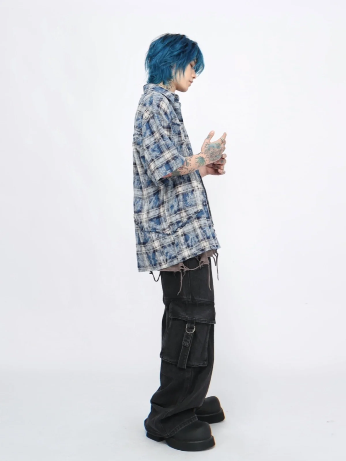 2025 Summer American High Street Tie-Dye Patchwork Blue Plaid Short Sleeve Shirt Men Single-Breasted Loose Casual Shirt