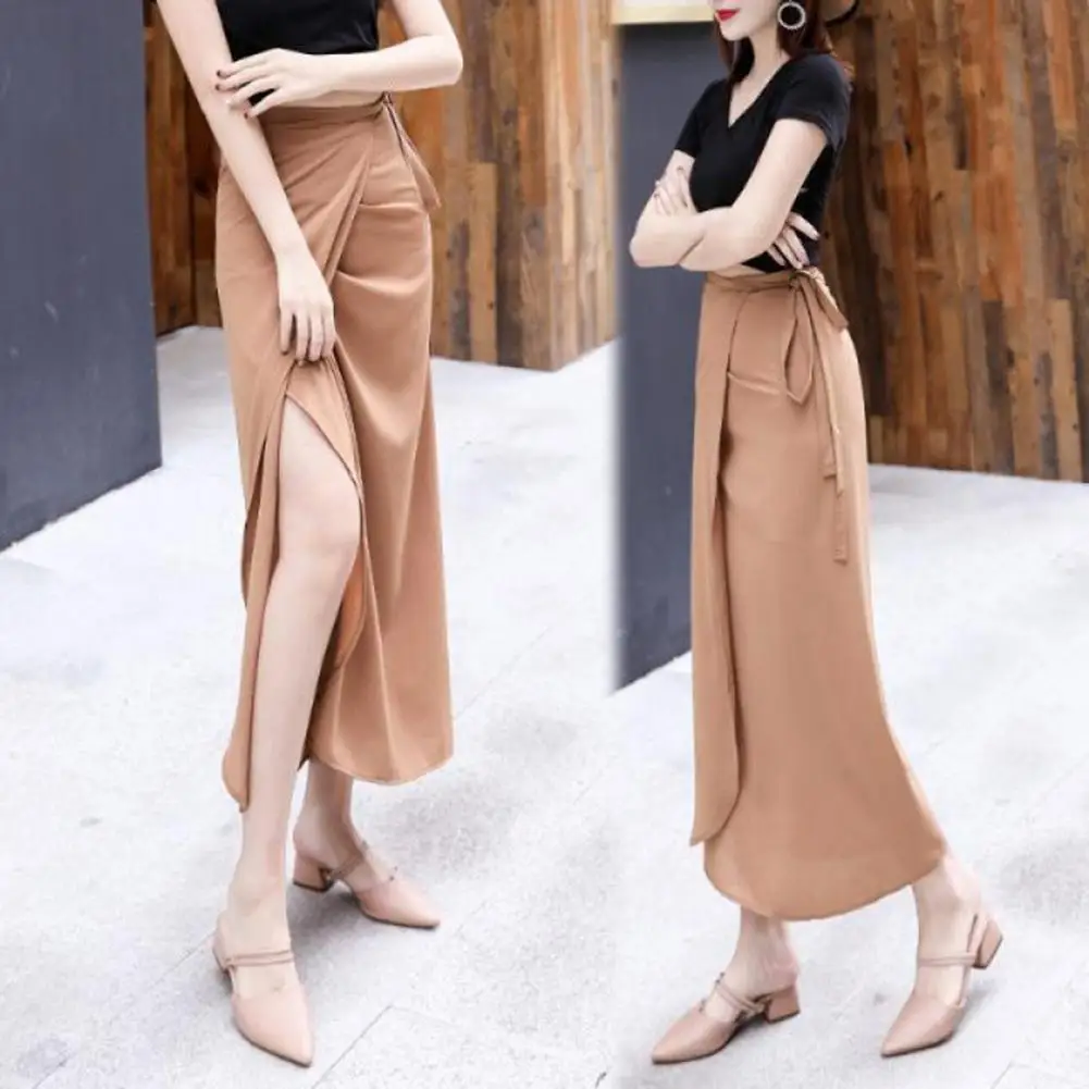 

Women Long Skirt High Waist Large Hem Split Lace Up Solid Color Beachwear Tie Waist A-line Wrap Skirts Female Clothes