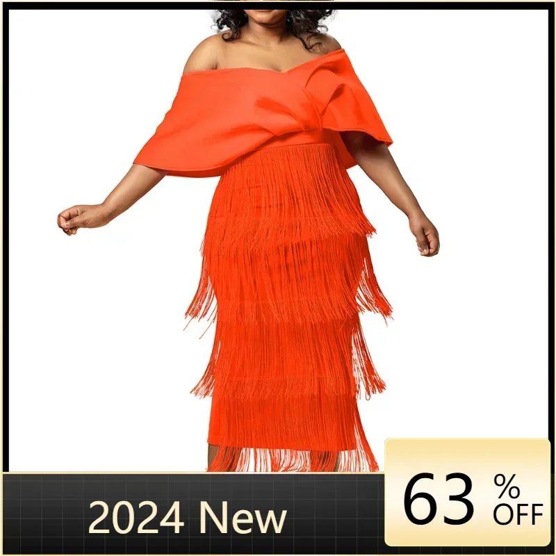 

Women Tassel Party Dresses Elegant V Neck High Waist Summer Fashion Sexy Robe Off Shoulder Banquet Midi Gown New In African Lady