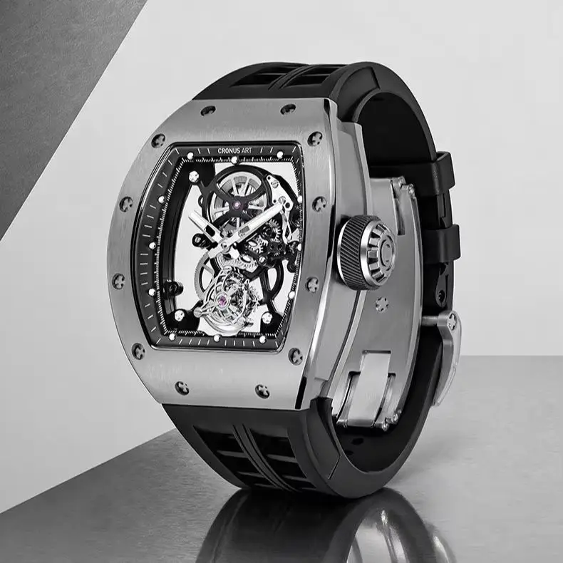 CRONUSART Men Tourbillon Watch 50mm Tonneau Mechanical Wristwatch Titanium Case Sapphire Mirror Luminous Skeleton Dial FKM Strap
